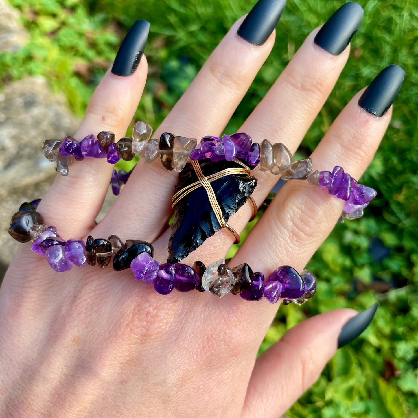 Smoky Quartz and Amethyst Chip Bracelets 🤎💜🤎
