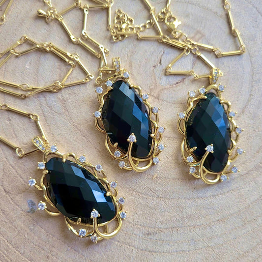 Black Obsidian Diamanté Detail Pendant