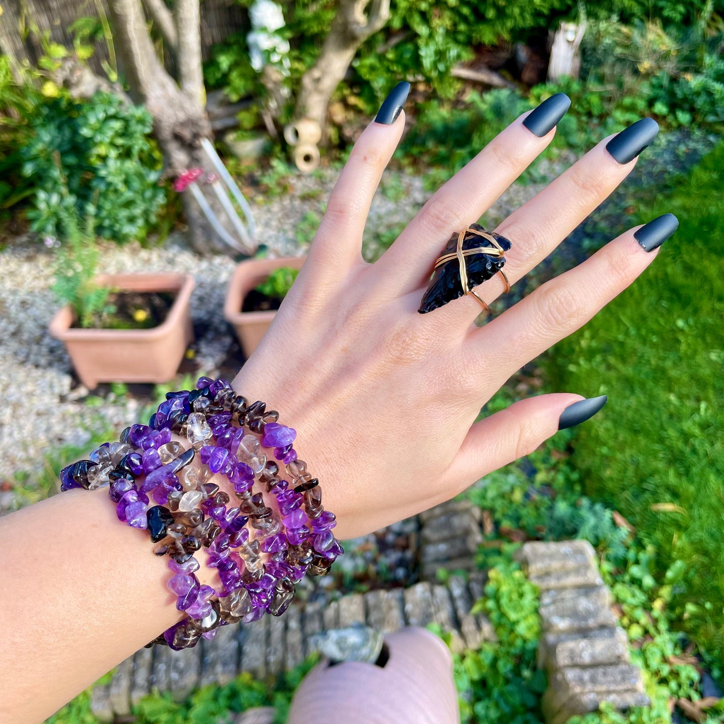 Smoky Quartz and Amethyst Chip Bracelets 🤎💜🤎